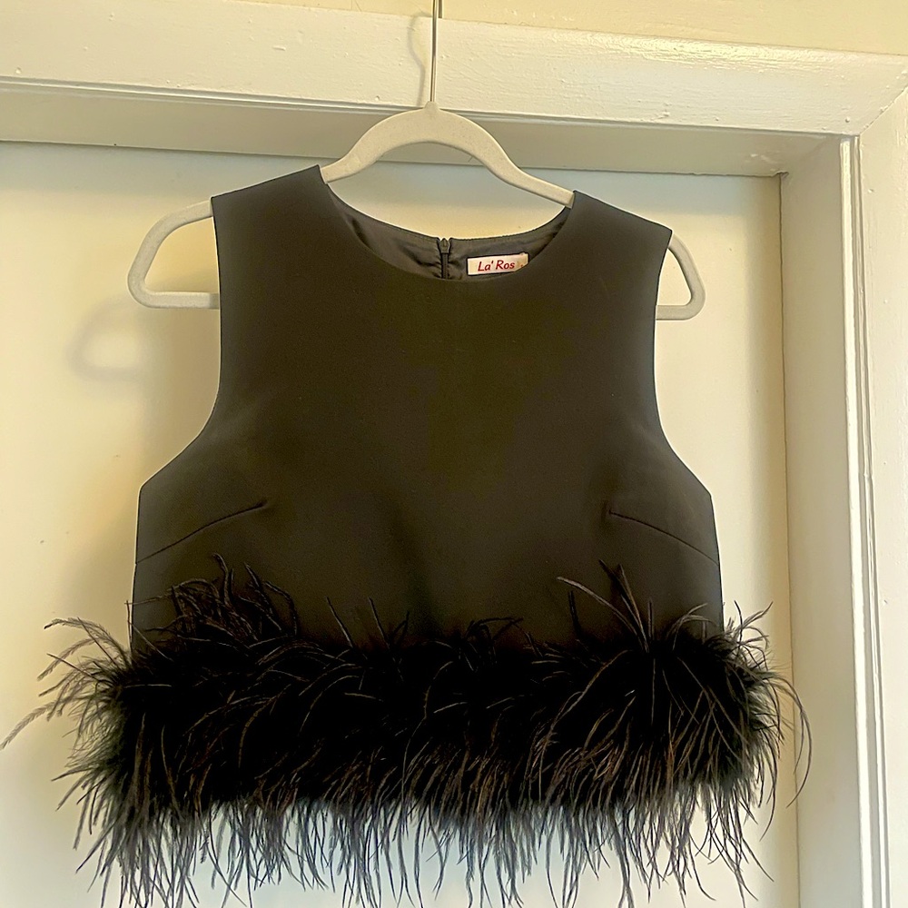 La Ros black cropped ostrich feather top size small.
